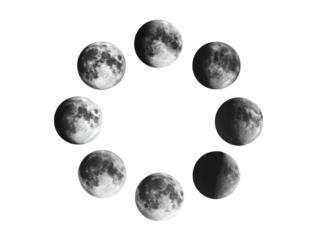 Lunar phases celestial bodies orbiting dark space moon cycle, Isolated, Transparent Png