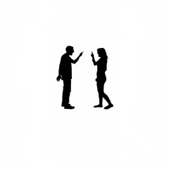 Silhouette of two people arguing face to face with hand gestures on white background