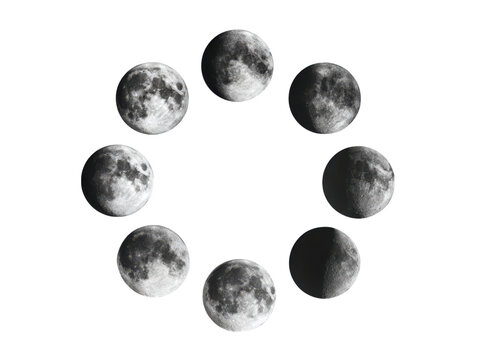Lunar phases celestial bodies orbiting dark space moon cycle, Isolated, Transparent Png