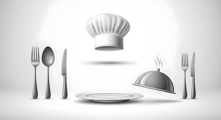 Elegant culinary setup with chef's hat, silverware, and covered dish, perfect for food blogs, restaurant branding, and menu design