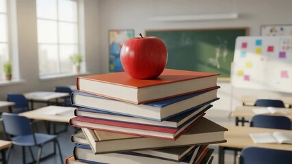 A stack of books with a red apple on a desk in a bright, empty classroom. Back to school and education concept. Knowledge and learning background. - Powered by Adobe