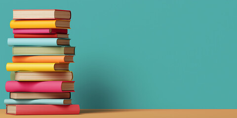 Stack of colorful books is neatly arranged against flat teal backdrop, creating vibrant and organized display. books are in various colors, adding lively touch to scene