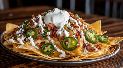 A towering pile of nachos topped with creamy white sauce, crispy bacon, shredded cheese, and jalape?os