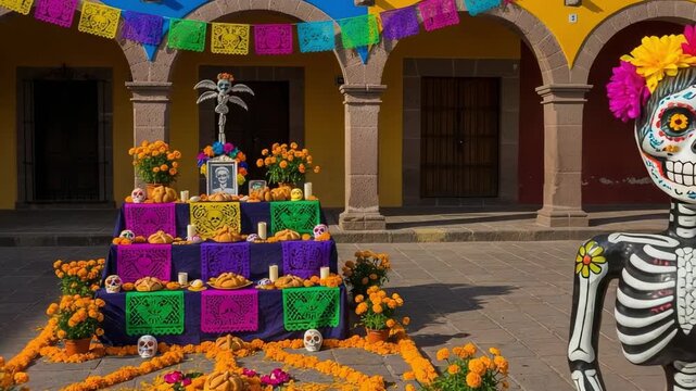 Day of the Dead altar with Catrina skeleton figure. Traditional Dia de los Muertos ofrenda with marigolds, sugar skulls, and papel picado in Mexico.