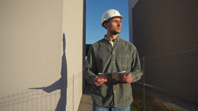 Portrait of a man in the construction caste and with a notebook in his hands near the house