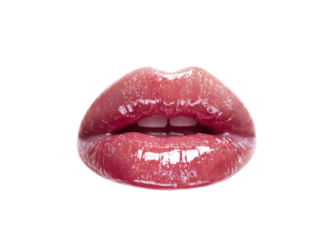 Glossy pink lips with subtle shimmer mouth, Isolated, Transparent Png