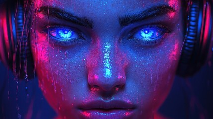 Neon-lit cyber woman with glowing eyes