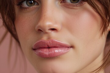 Fototapeta premium A close up of a woman's face with brown hair and green eyes