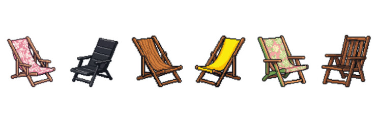Six different colorful wooden deck chairs displayed against a white background.