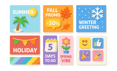 Colorful seasonal illustrations with summer, fall, winter, holiday, and spring themes