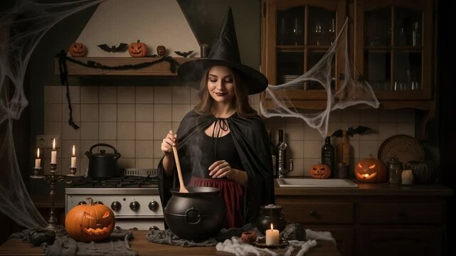 A young woman in a witch costume brews a magical potion in a cauldron. Halloween celebration in a spooky decorated kitchen. Festive holiday concept.