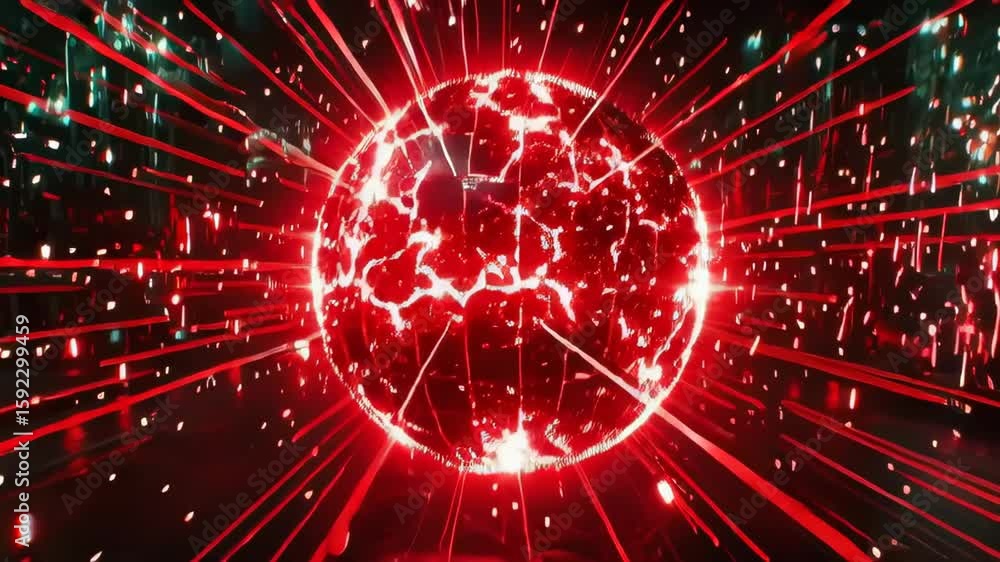 Poster futuristic glowing red oval shape with light rays in dark high-tech environment