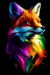 Colorful artistic depiction of a fox with vibrant fur against a black background