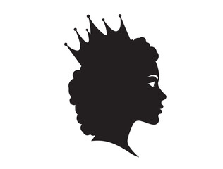 Black silhouette of a queen’s face in profile, with paper cut-style hair and crown filled with patterns