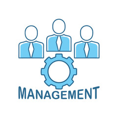 Three blue outlined figures in suits above a blue gear and the word management business team