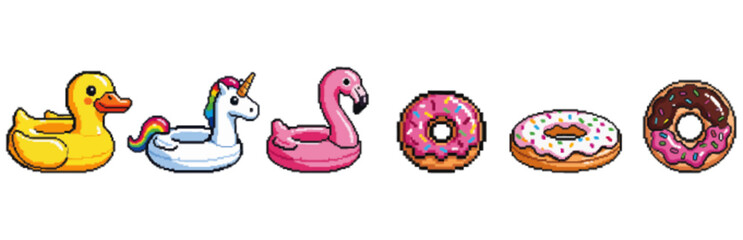 Cute pixel art of inflatable pool toys and donuts.