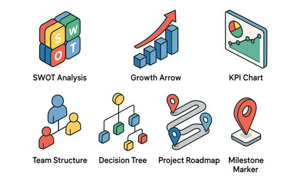 Business icons illustrating swot, growth, kpi, team structure, decision tree, project roadmap