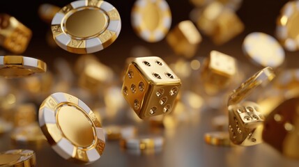 Golden poker chips and dice floating against a blurred background with vibrant colors and dynamic movement