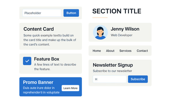 Ui design components: content card, feature box, promo banner, newsletter signup, profile