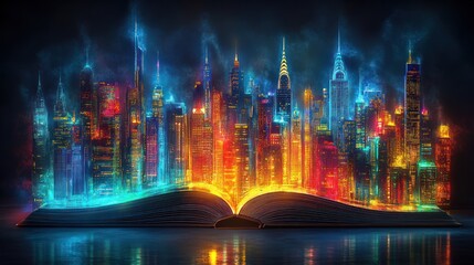 Fototapeta premium Open book reveals glowing city skyline