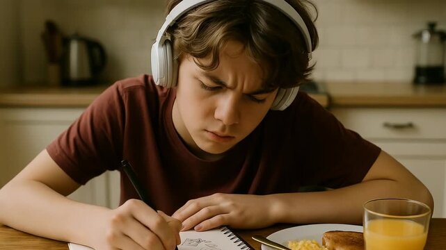 Student focused on homework while enjoying breakfast at the kitchen table