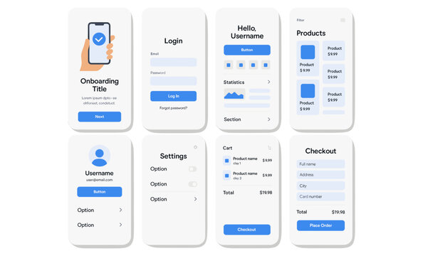 Minimalist mobile app interface design with onboarding, login, product, and checkout screens