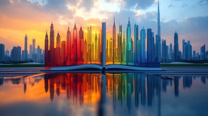 Fototapeta premium Open book with colorful skyscrapers reflecting in water at sunset