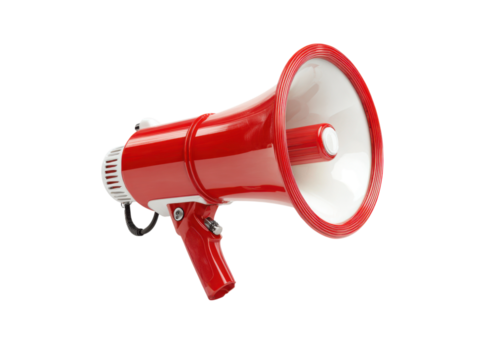 Bright red and white megaphone with black background communication sound image, Isolated, Transparent Png