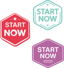 Start now vector badge set in hexagonal and rounded shapes colorful collection suitable for startup motivation buttons or user interface prompts