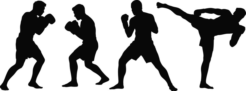 Boxing mma martial arts kickboxing fighters silhouette training workout sport fitness exercise defense, editable vector.