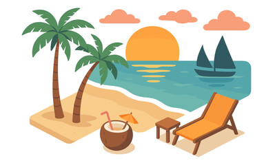 Fototapeta premium Tropical beach sunset with palm trees, sailboats, and relaxing lounge chair