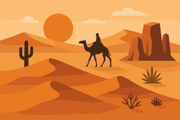 Silhouette of person riding camel in desert with setting sun and cacti