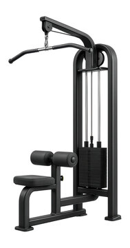 Lat pulldown machine with high pulley and thigh support pads for back and shoulder exercises