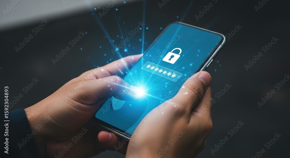 Poster smartphone security secure password on mobile device for personal data protection and online banking