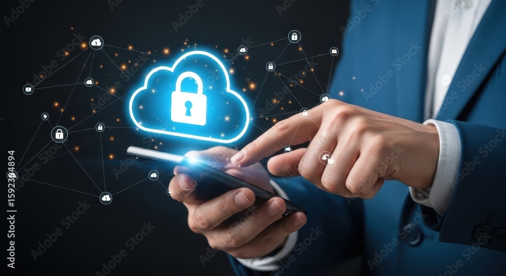 Poster cloud security concept man interacting with a digital cloud lock on a smartphone for data protection