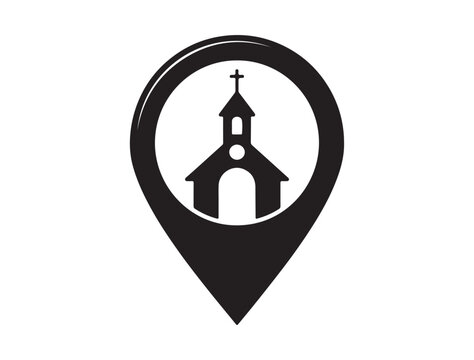 Church icon as part of a location pin or map marker, vector black silhouette on white