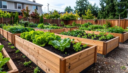 Obraz premium Wooden raised garden beds filled with vegetables