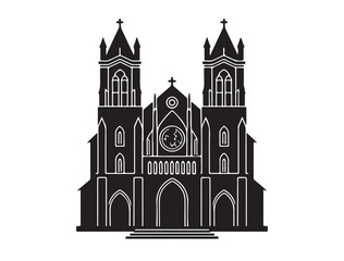 Fototapeta premium Compact black icon of a cathedral with twin towers and central entrance, vector style