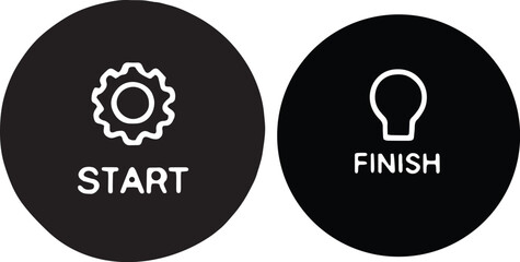Start and finish buttons with gear and bulb icons in circle shapes representing workflow stages project beginning and ending system operations and concepts
