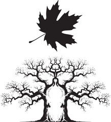 Silhouette of tree with human shape in branches and falling leaf depicting connection between nature and human life cycle transformation and seasons