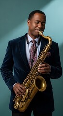 Fototapeta premium Passionate African American jazz musician playing saxophone with eyes closed