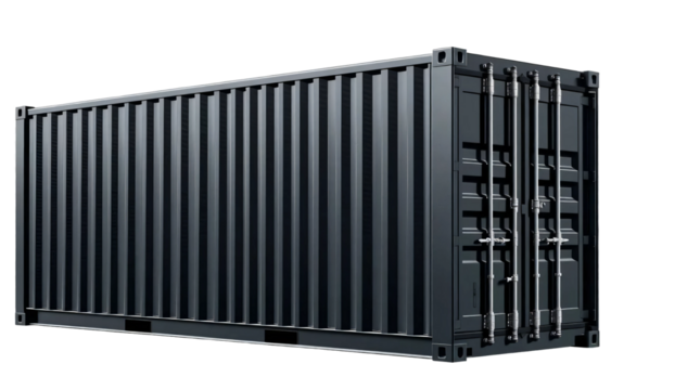 Black shipping container standing upright isolated on transparent background