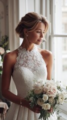 Fototapeta premium A woman in a wedding dress holding a bouquet of flowers