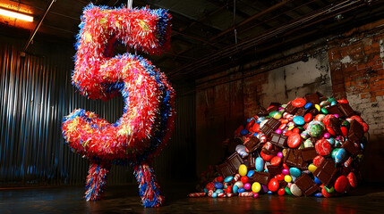 Large colorful pi?ata number five, surrounded by a mountain of candy and chocolate. Industrial-style interior