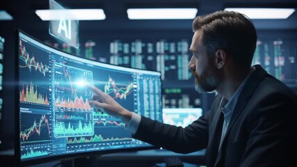 Financial analyst working with an AI agent to analyze market data on a holographic display. Finance, technology, business concept. - Powered by Adobe