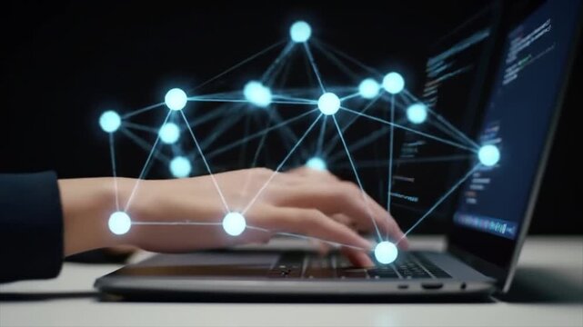 Developer coding and training a Large Language Model (LLM) with a holographic interface. AI, technology, programming concept.