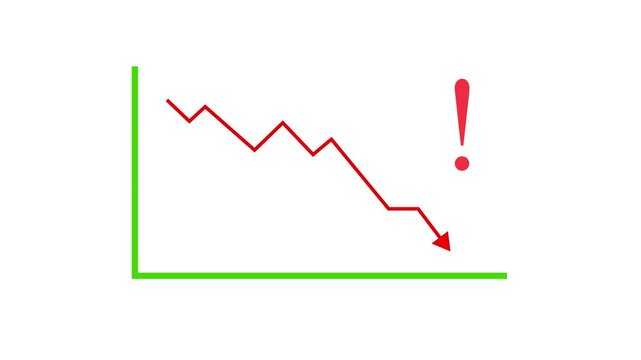 Falling chart with exclamation mark on white background illustration, showing financial loss, economic downturn, risk alert, business crisis, negative trend, urgent warning, and market decline