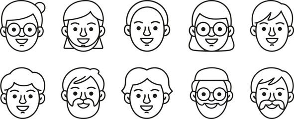 Vector faces avatars people characters outline portraits headshots profile icons user interface design set, editable vector.