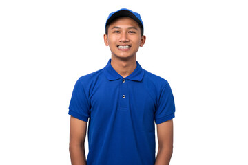 Portrait of smiling young asian delivery man wearing blue uniform isolated on white background