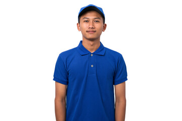 Portrait of smiling young asian delivery man wearing blue uniform isolated on white background